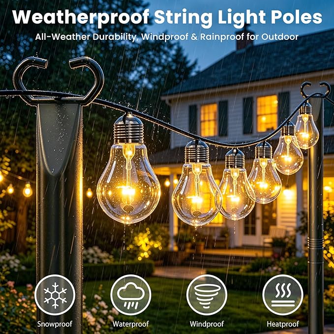 10Ft String Light Poles 6 Pack,Poles for Outdoor String Lights with Fork and Fence Clamp,Hanging Lights Metal Stand Post for Deck Patio Backyard Garden Decorations