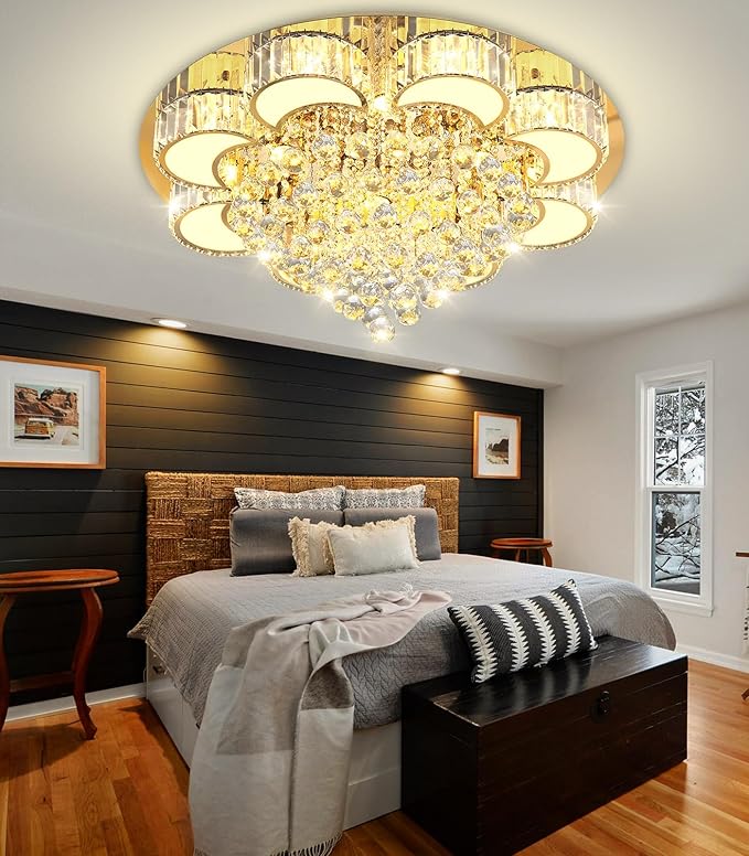 31.4" Gold Modern Crystal Chandeliers for Dining Room LED Dimmable Light Fixtures Flush Mount Light Living Room Bedrooms