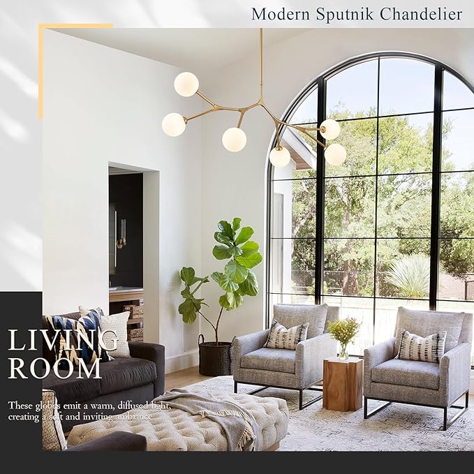 Modern 6 Lights Sputnik Chandelier for Dining Room L45’’ Gold Pendant Light Fixture with Milk Glass Shade Large Mid Century Chandelier for Kitchen Island Bedroom Living Room