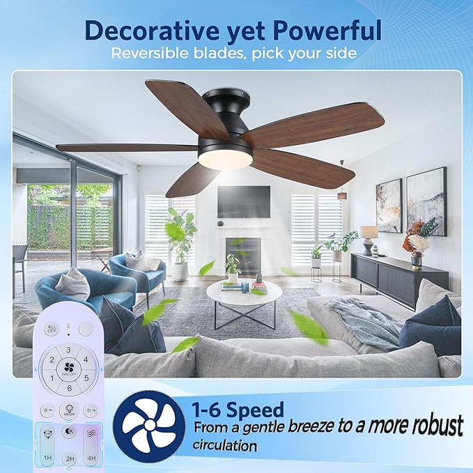 JSAITEE 48" Ceiling Fans with Lights Low Profile - Flush Mount Ceiling Fan with Light and Remote, 6 Wind Speeds Reversible, Quiet, 3CCT Dimmable, Fan Light for Modern Indoor, Bedroom, Kitchen, Brown