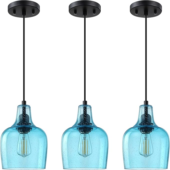 3 Pack 1 Light Indoor Hanging Kitchen Island Pendant Ceiling Light 6.1" Blue Glass Fixture,Black Finish for Farmhouse Over Sink Bedroom Hallway
