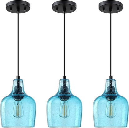 3 Pack 1 Light Indoor Hanging Kitchen Island Pendant Ceiling Light 6.1" Blue Glass Fixture,Black Finish for Farmhouse Over Sink Bedroom Hallway