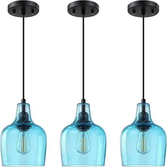 3 Pack 1 Light Indoor Hanging Kitchen Island Pendant Ceiling Light 6.1" Blue Glass Fixture,Black Finish for Farmhouse Over Sink Bedroom Hallway