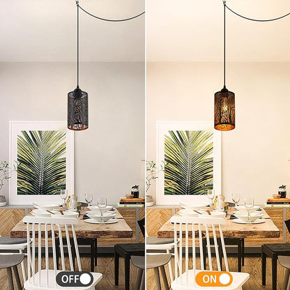 Industrial Black Plug in Pendant Light Vintage Mini Black Gold Hanging Lighting Rustic Hollow-Carved Cylinder Plug-in Pendant Light for Kitchen Island, Bedroom, Dining Room, Hallway