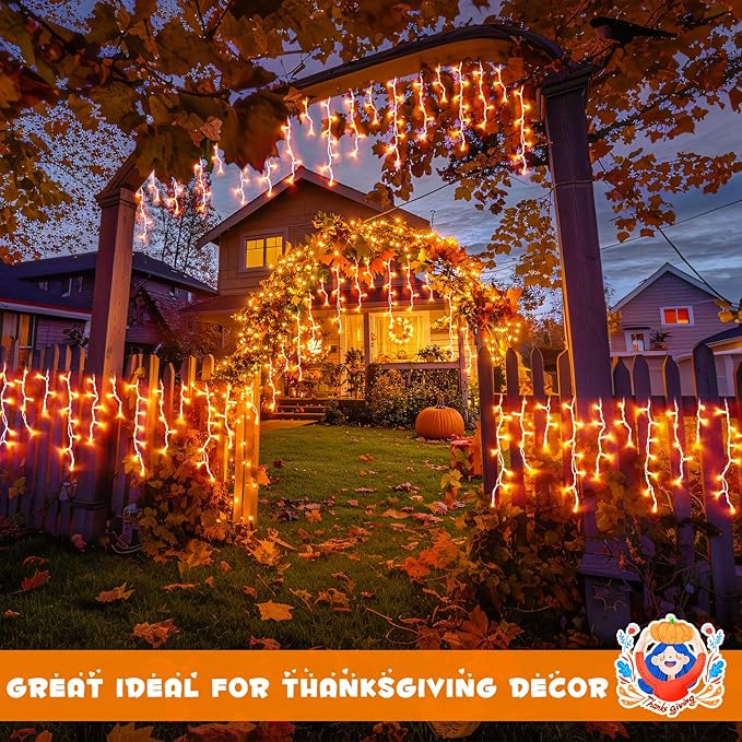 JMEXSUSS Orange Thanksgiving Lights Outdoor, 38.8 FT 400 LED Orange Icicle Lights Outdoor Waterproof, 8 Modes String Light Plug in for Fireplace Tree Garden Patio Thanksgiving Fall Halloween Decor