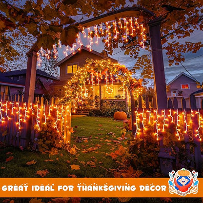 JMEXSUSS Orange Thanksgiving Lights Outdoor, 38.8 FT 400 LED Orange Icicle Lights Outdoor Waterproof, 8 Modes String Light Plug in for Fireplace Tree Garden Patio Thanksgiving Fall Halloween Decor