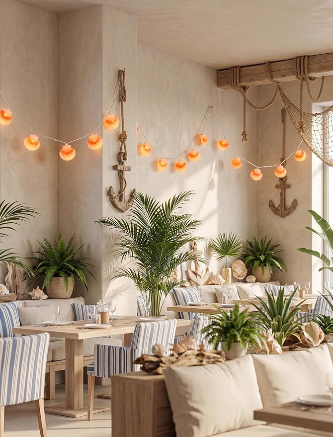 SUNSGNE 8.5FT LED Summer Seashell String Lights, 10 Textured Translucent Shell Beach String Lights with White Wire, Connectable Outdoor Indoor Decor for Summer Beach Theme, Pool Party, Ocean Bathroom