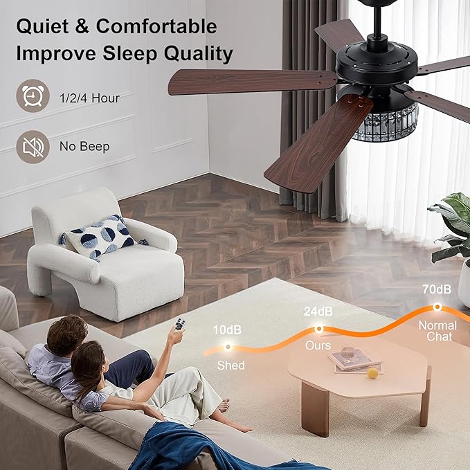 Farmhouse Ceiling Fan with Lights and Remote Large Rustic Ceiling Fan Caged Fandelier Industrial Chandelier Light, Reversible Quiet DC Motor 6 Speed for Indoor Outdoor (Crystal, 60 Inch)
