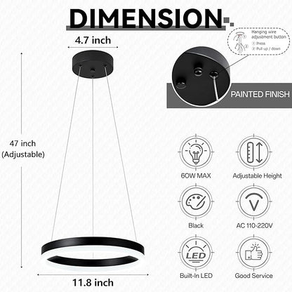 12" Black Led Ring Chandelier Ring Modern Led Chandelier Modern Pendant Lights Adjustable Height Light Contemporary Light Fixture for Kitchen Island Bedroom Kitchen Island Dining Room