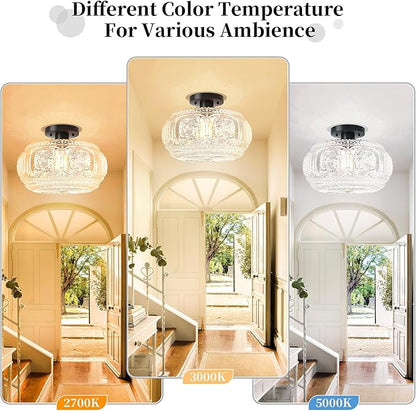 Semi Flush Mount Ceiling Light, Upgraded 12 inch Larger Black Glass Ceiling Light Fixture, Vintage Lighting for Hallway Kitchen Bedroom Dining Room, Bulb Not Included