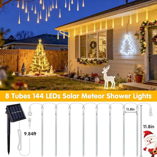 JMEXSUSS Solar Meteor Shower Lights Outdoor, 8 Tube 144 LEDs Warm White Solar Christmas Lights for Tree Eave Xmas Holiday Party Patio House Wedding Decor