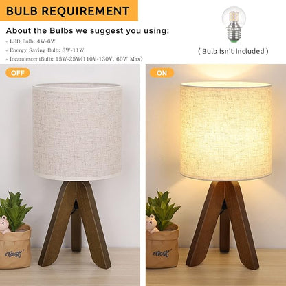 HAITRAL Wooden Tripod Table Lamp with Brown Base, Small Table Lamp Bedsides Lamp with Linen Fabric Shade, Nightstand Lamp Cute Night Lamp for Bedroom,Kids Room,Nursery,Dorm