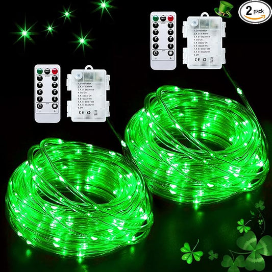 JMEXSUSS 2 Pack Green Lights Battery Operated String Lights Outdoor Waterproof, Total 200LED 66ft Battery Powered Rope Lights with Remote, Green Lights for St Patricks Day Decorations