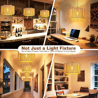 Hanging Lamps Rattan Pendant Light Hanging Lights 16.4ft Plug in Cord Pendant Light Fixture Plug Into Wall Outlet Pendant Lighting with On Off Switch for Bedroom Living (Cylindrical Flower Shade)