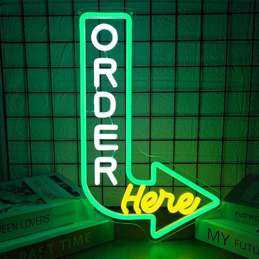 Order Here Neon Sign Pick up Here Signs for Wall Decor Green & Yellow Neon Light for Restaurants Cafes and Food Service Areas Attractive Point of Sale Lighting to Guide Customers(10.1 * 15.7inch)