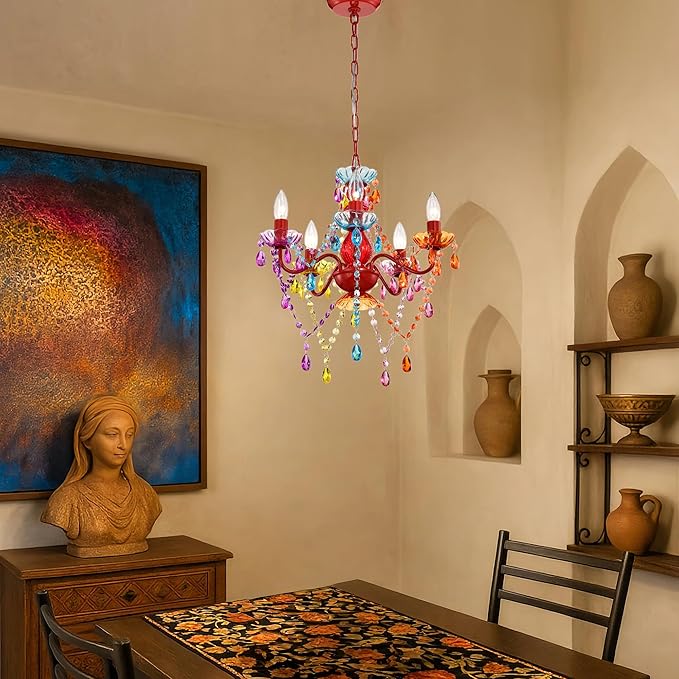 Colorful Chandelier for Bedroom Small 5-Light Acrylic Crystal Ceiling Light Fixture for Girls Bedroom, Pink Nursery Chandelier Lighting for Closet, Bathroom, Playroom, Entryway