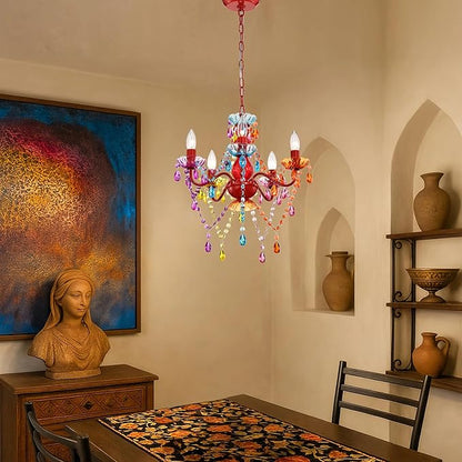 Colorful Chandelier for Bedroom Small 5-Light Acrylic Crystal Ceiling Light Fixture for Girls Bedroom, Pink Nursery Chandelier Lighting for Closet, Bathroom, Playroom, Entryway