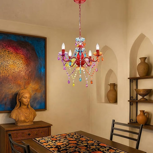Colorful Chandelier for Bedroom Small 5-Light Acrylic Crystal Ceiling Light Fixture for Girls Bedroom, Pink Nursery Chandelier Lighting for Closet, Bathroom, Playroom, Entryway