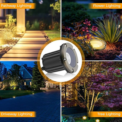 Gardencoin Brass Low Voltage Landscape Well Lights (5" Cover, 5.5" Tall), 12V LED Wired In-Ground Outdoor Up Lighting Fixture Waterproof, Adjustable Beam Direction Base, Without MR16 Bulb (4 Pack)