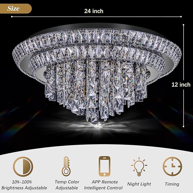 24 inch Crystal Flush Mount Black Chandelier, Modern Raindrop LED Ceiling Light, 3CCT Dimmable & Brightness Adjustable,Remote/APP ,Elegant Chandeliers for Bedroom Hallway Dinning Room Living Room