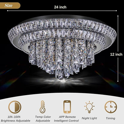 24 inch Crystal Flush Mount Black Chandelier, Modern Raindrop LED Ceiling Light, 3CCT Dimmable & Brightness Adjustable,Remote/APP ,Elegant Chandeliers for Bedroom Hallway Dinning Room Living Room