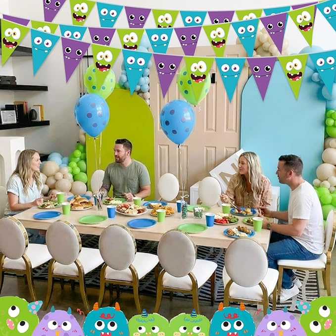HESTYA 5 Pcs 49 ft Cartoon Monster Pennant Banner Monster Birthday Party Decoration Green Purple Blue Paper Triangle Flag Cute Bunting Garland for Cartoon Themed Party Backdrop Hanging Supplies