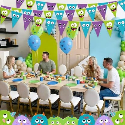 HESTYA 5 Pcs 49 ft Cartoon Monster Pennant Banner Monster Birthday Party Decoration Green Purple Blue Paper Triangle Flag Cute Bunting Garland for Cartoon Themed Party Backdrop Hanging Supplies