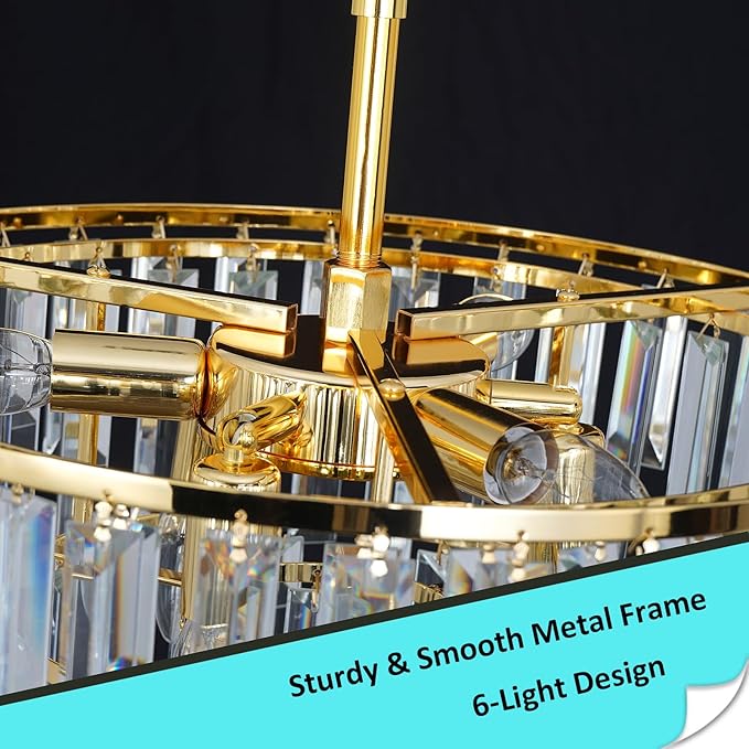 Modern Gold Crystal Chandelier, 18" Round Chandeliers for Dining Room 4-Tier 6 Lights Luxury Top K9 Crystal Ceiling Pendant Light Fixture for Foyer Bedroom Closet