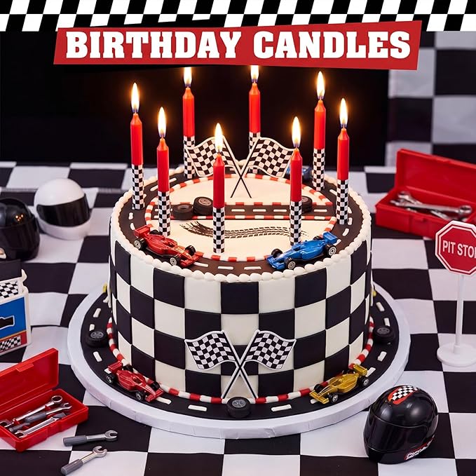Conelist 12 Pcs Racing Car Themed Birthday Candles Cartoon Red Black White Birthday Decorations Movie Cake Toppers for Racing Car Themed Party Supplies