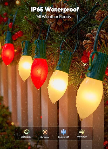 C9 LED Christmas Lights Outdoor, 100 Feet C9 String Lights with 100 Shatterproof Matte Bulbs, Connectable Waterproof Christmas Tree Lights for Holiday Roofline Backyard Garden Decor, Red & Warm White