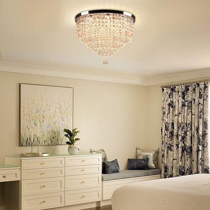 19.7" Crystal LED Flush Mount Ceiling Light, 5-Tier K9 Raindrop Crystals, Chrome Stainless Steel Chandelier Fixture for Bedroom, Living Room & Dining Room 3000K Warm White