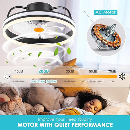 Ceiling Fan-Low Profile Ceiling Fan with Light - Modern Flush Mount Ceiling Fan ,16" RGB Dimmable LED Enclosed Ceiling Fans,Modern Bladeless LED-RGB Ambient Light for Bedroom Kids Room Party（Black）