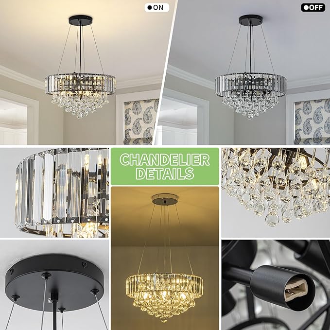HOPGGIE 17 Inch Crystal Chandeliers Flush Mount Chandelier G9 Base Round Modern Ceiling Light Fixture Pendant Lighting for Living Room Dining Room Laundry Room Kitchen Bedroom (Black)