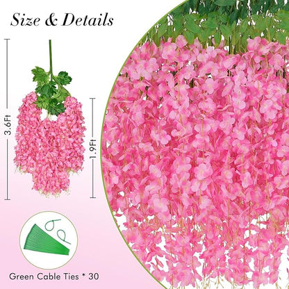 Waipfaru 12 Pack Wisteria Hanging Flowers, 3.6 Feet/Pcs Pink Wisteria Artificial Flowers, Fake Flowers Garland, Hanging Wisteria Vines for Bedroom Wedding Home Party Wall Decoration