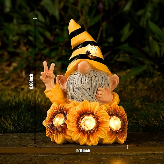 Joint Honglin Garden Sculptures & Statues Resin Summer Bee Gnome with Sunflower, Outdoor Funny Decoration Solar Light Figurine Gifts for Yard, Patio Decor for Mom