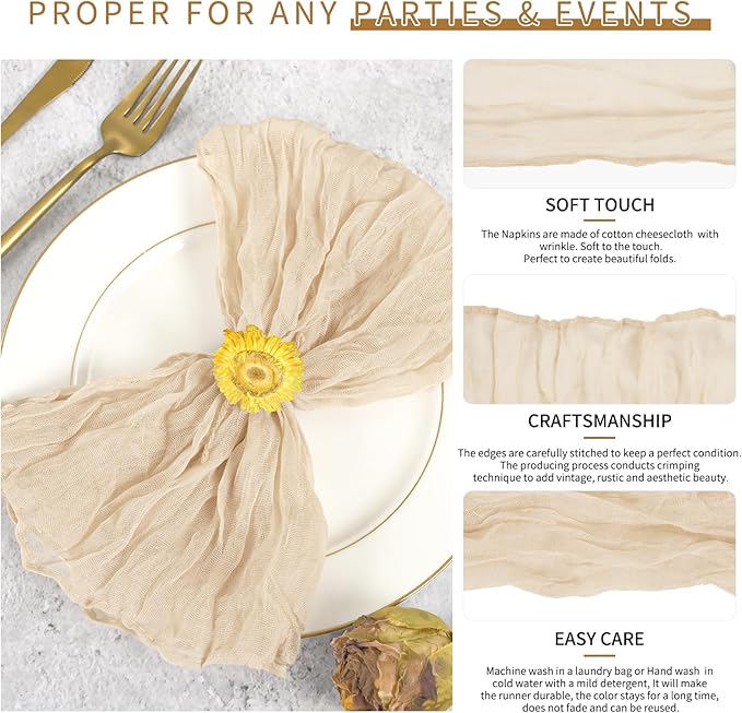 42 Packs Gauze Cheesecloth Napkins 20 x 20 Inch Beige Wrinkled Dinner Napkins, Light Brown Rustic Boho Soft Cloth Napkin for Wedding Party Event Dinner Table Decoration