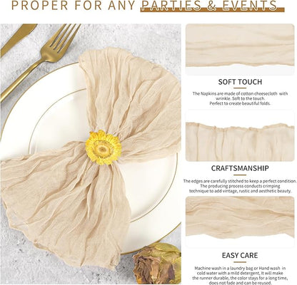 42 Packs Gauze Cheesecloth Napkins 20 x 20 Inch Beige Wrinkled Dinner Napkins, Light Brown Rustic Boho Soft Cloth Napkin for Wedding Party Event Dinner Table Decoration