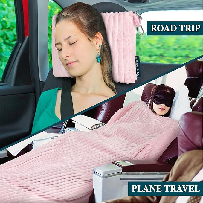 PAVILIA Travel Blanket Pillow in Soft Bag with Pockets, Airplane Blanket Set, Plane Blanket Compact Packable, Flight Essentials Car Pillow, Travelers Accessories Gifts, Luggage Strap, Light Pink