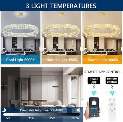 Modern Crystal Chandelier Large Ring Chandeliers for Living Room High Ceiling Chandeliers for Round LED Dimmable Ceiling Light Fixture for Foyer Lobby Bedroom Dining Room Gold