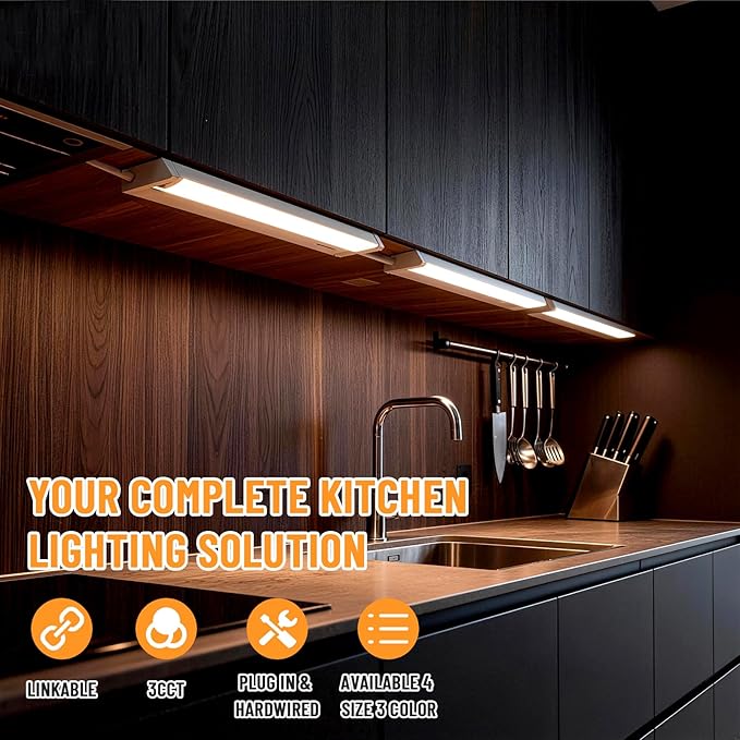 4 Pack 34" LED Under Cabinet Lighting Hardwired, 22W 1800LM 3CCT Adjustable (3000K/4000K/5000K), Plug-in Hardwired, Linkable Up to 10 Lights, 45° Rotatable Design