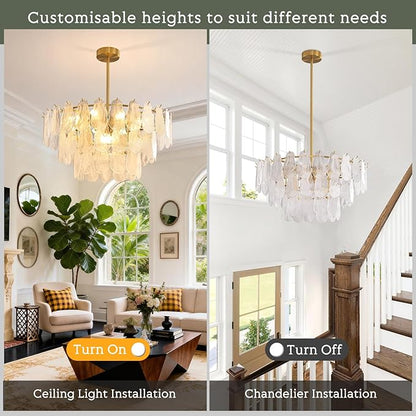 KELUOLY Modern Large Gold Chandeliers, D31.4 Inch Creative Cloud Glass Pendant Ceiling Fixture Lamp, 3 Tier Round Crystal Glass Chandelier, 12-Light for Living Room Bedroom Dining Room Entryway (E12)
