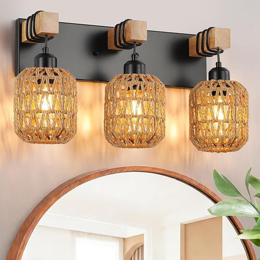 LmnLvn Farmhouse Bathroom Light Fixture, Boho Vanity Light, 3-Light Rattan Bathroom Light Fixture Over Mirror Rustic Vanity Lighting with Handwoven Shades, Suit for Restroom, Bedroom, Hallway