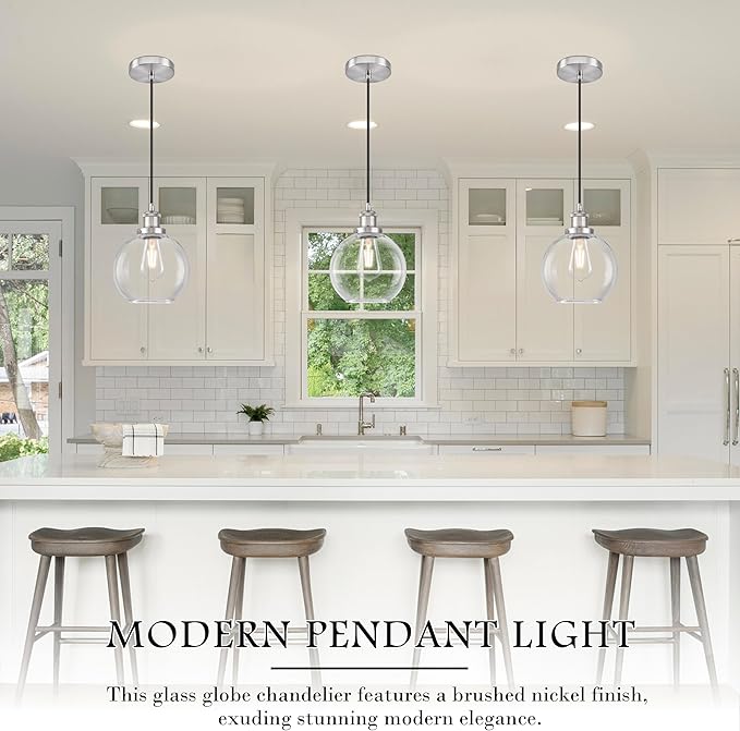 Bagood 8" Glass Pendant Light Clear Globe Pendant Lights Kitchen Island Brushed Nickel Glass Pendant Lights Kitchen Island Globe Pendant Light fixtures Pendant Light Farmhouse(Bulb Incl.)
