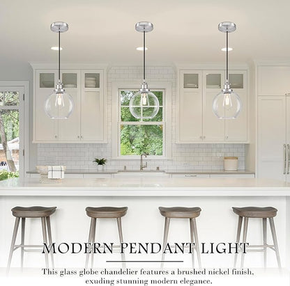 Bagood 8" Glass Pendant Light Clear Globe Pendant Lights Kitchen Island Brushed Nickel Glass Pendant Lights Kitchen Island Globe Pendant Light fixtures Pendant Light Farmhouse(Bulb Incl.)