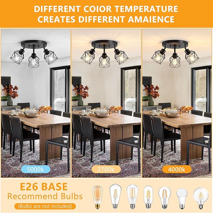 Baocuz 3-Light Kitchen Flush Mount Ceiling Light, Adjustable Multi-Directional Ceiling Light Fixture, Farmhouse Black Metal Cage Close to Ceiling Lamp for Dining Room Bedroom Hallway