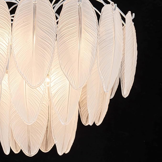 LumFurn 6-Light Glass Chandeliers, Modern 3-Tier Pendant Light Fixture for Dining Room, Living Room, D17.7 x H19~51 Inch Adjustable Height, Frosted Feather-Shaped Glass Shade & Chrome Finish Frame