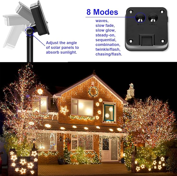 Solar String Lights for Outside, Fairy Lights Outdoor Waterproof, Warm White 2Pack Total 200LED 66Ft 8 Modes Mini Small Solar Powered Lights for Christmas, Garden, Patio, Fence, Balcony