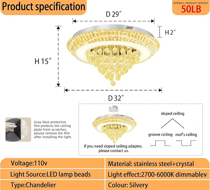Modern LED Crystal Chandelier, Large Round Raindrop Chandelier for Living Dining Room 32in Chorme Flush Mount Ceiling Light Kitchen Island Bar