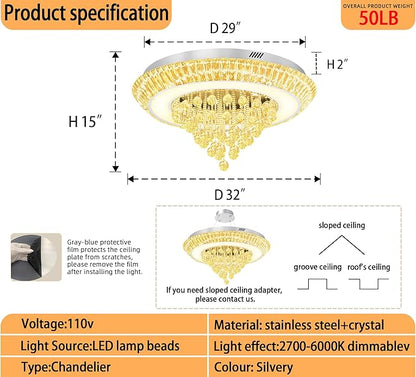 Modern LED Crystal Chandelier, Large Round Raindrop Chandelier for Living Dining Room 32in Chorme Flush Mount Ceiling Light Kitchen Island Bar
