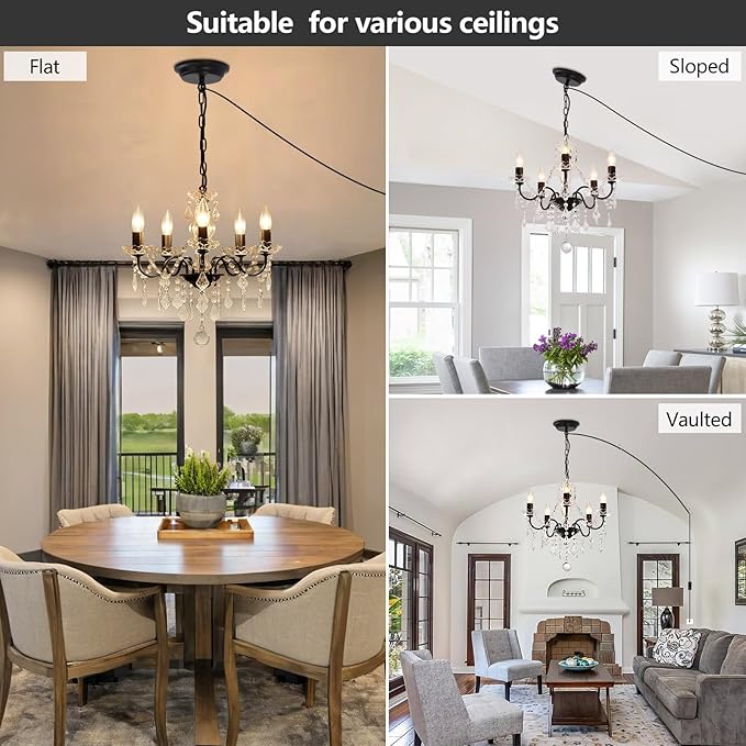Plug in Modern 5-Light Black Chandelier with Glass Crystals, Candle Style Pendant Light Fixtures for Living Room, Girls Room, Kitchen Island, Entryway